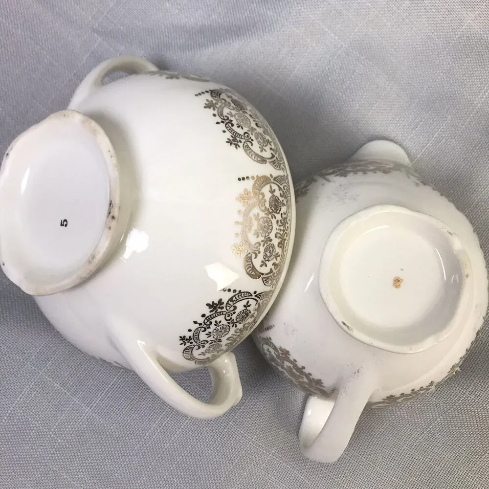 Vintage Creamer and Sugar Bowl Cream With Gold Filigree Trim Traditional China